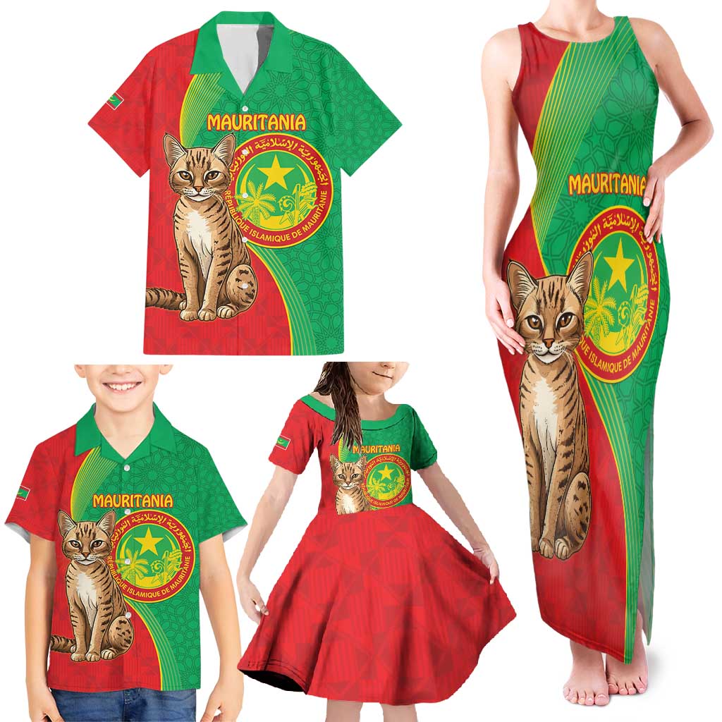 Personalised Mauritania Family Matching Tank Maxi Dress and Hawaiian Shirt African Wild Cat With Coat Of Arms - Wonder Print Shop