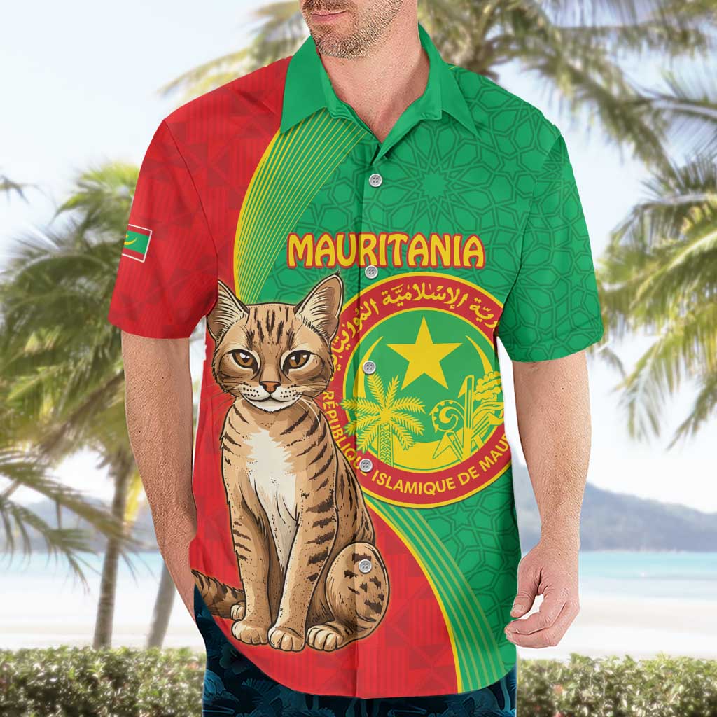 Personalised Mauritania Hawaiian Shirt African Wild Cat With Coat Of Arms - Wonder Print Shop