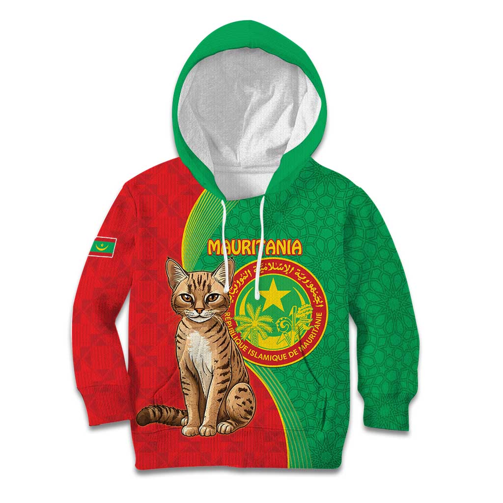 Personalised Mauritania Kid Hoodie African Wild Cat With Coat Of Arms - Wonder Print Shop