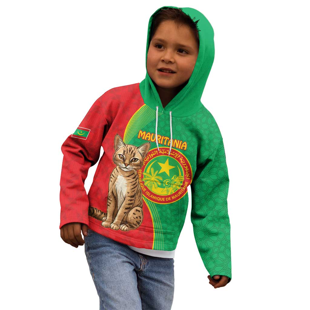 Personalised Mauritania Kid Hoodie African Wild Cat With Coat Of Arms - Wonder Print Shop