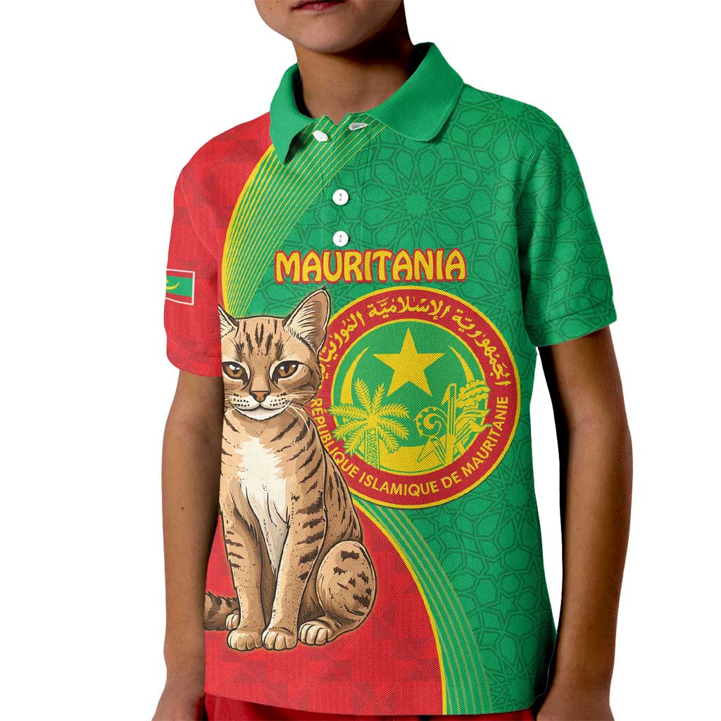 Personalised Mauritania Kid Polo Shirt African Wild Cat With Coat Of Arms - Wonder Print Shop