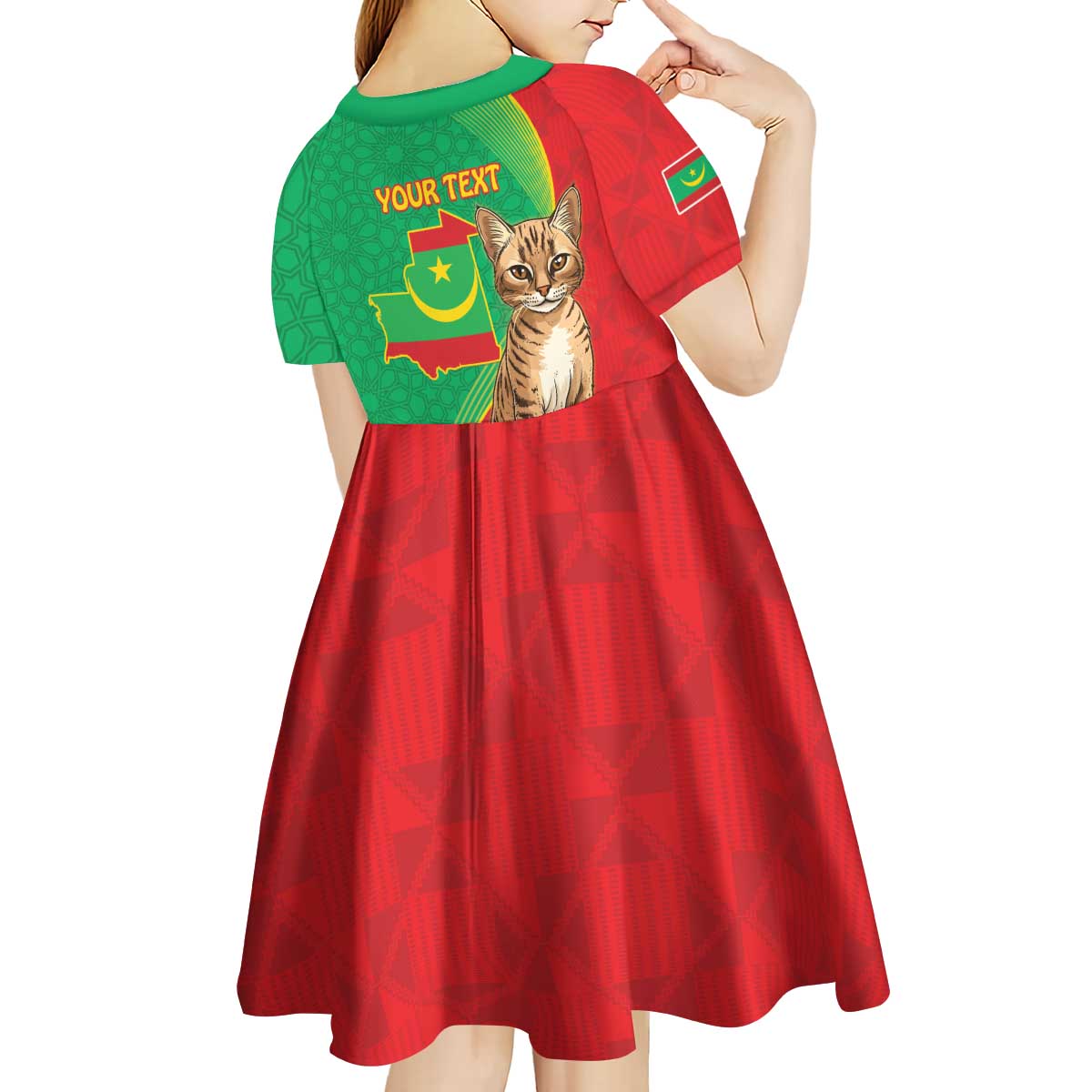 Personalised Mauritania Kid Short Sleeve Dress African Wild Cat With Coat Of Arms - Wonder Print Shop