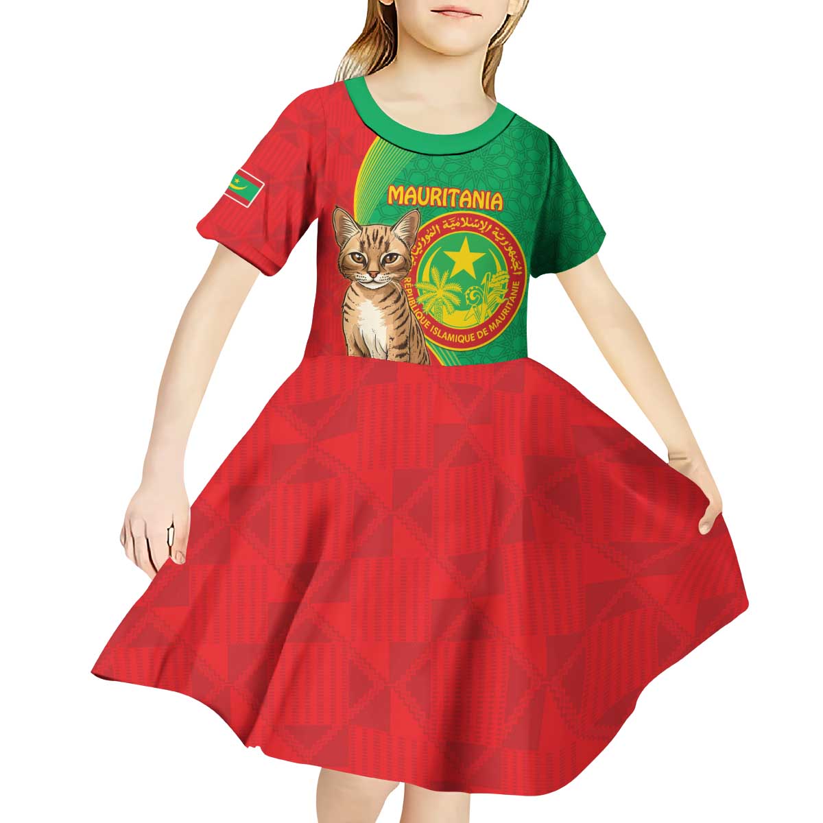 Personalised Mauritania Kid Short Sleeve Dress African Wild Cat With Coat Of Arms - Wonder Print Shop