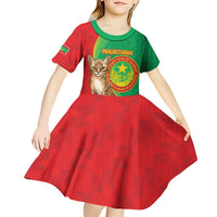 Personalised Mauritania Kid Short Sleeve Dress African Wild Cat With Coat Of Arms - Wonder Print Shop