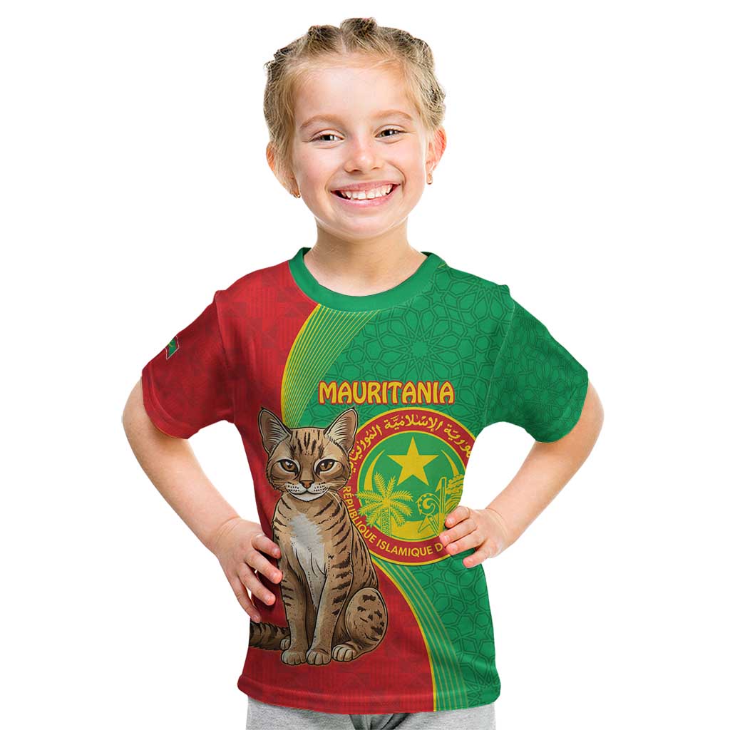 Personalised Mauritania Kid T Shirt African Wild Cat With Coat Of Arms - Wonder Print Shop