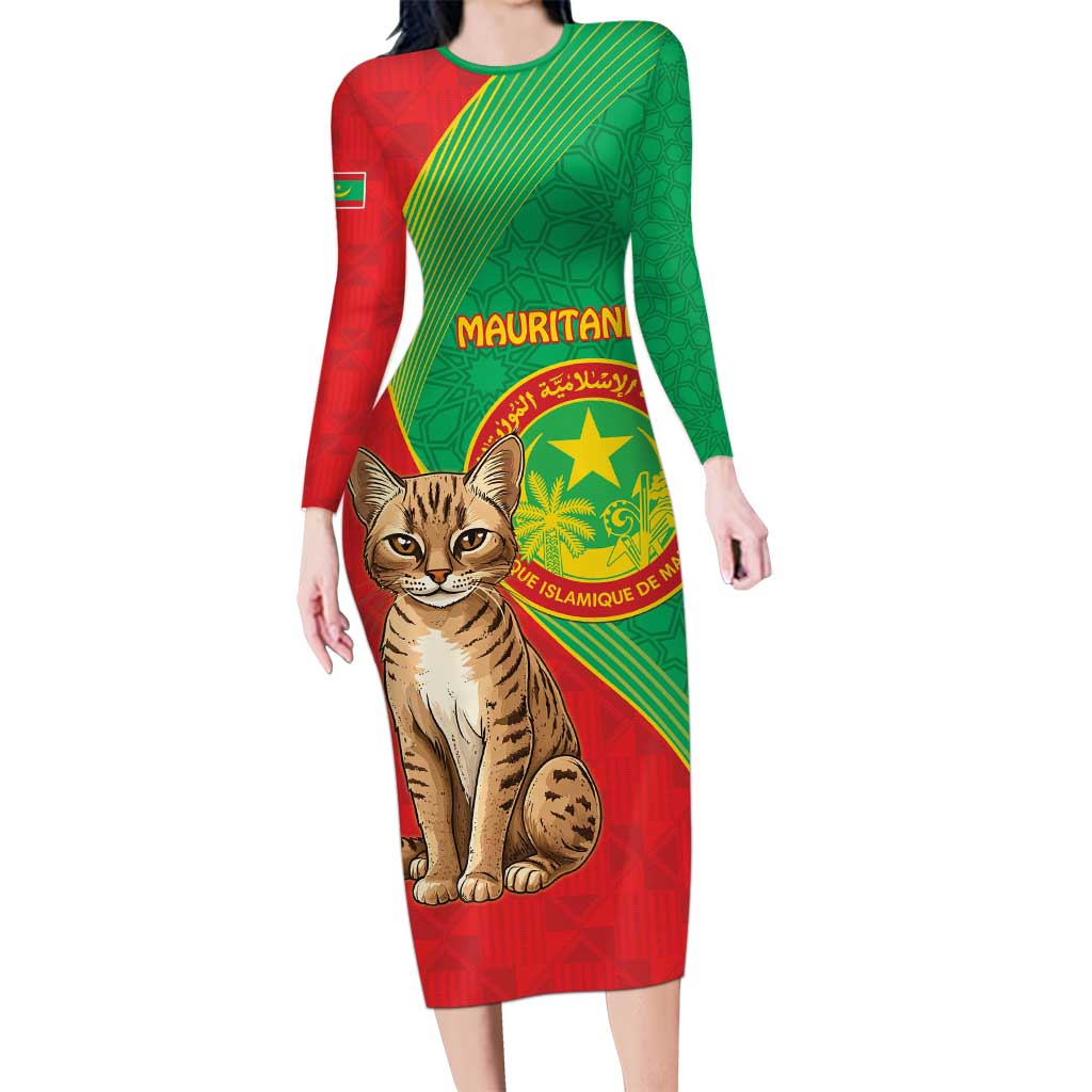 Personalised Mauritania Long Sleeve Bodycon Dress African Wild Cat With Coat Of Arms - Wonder Print Shop