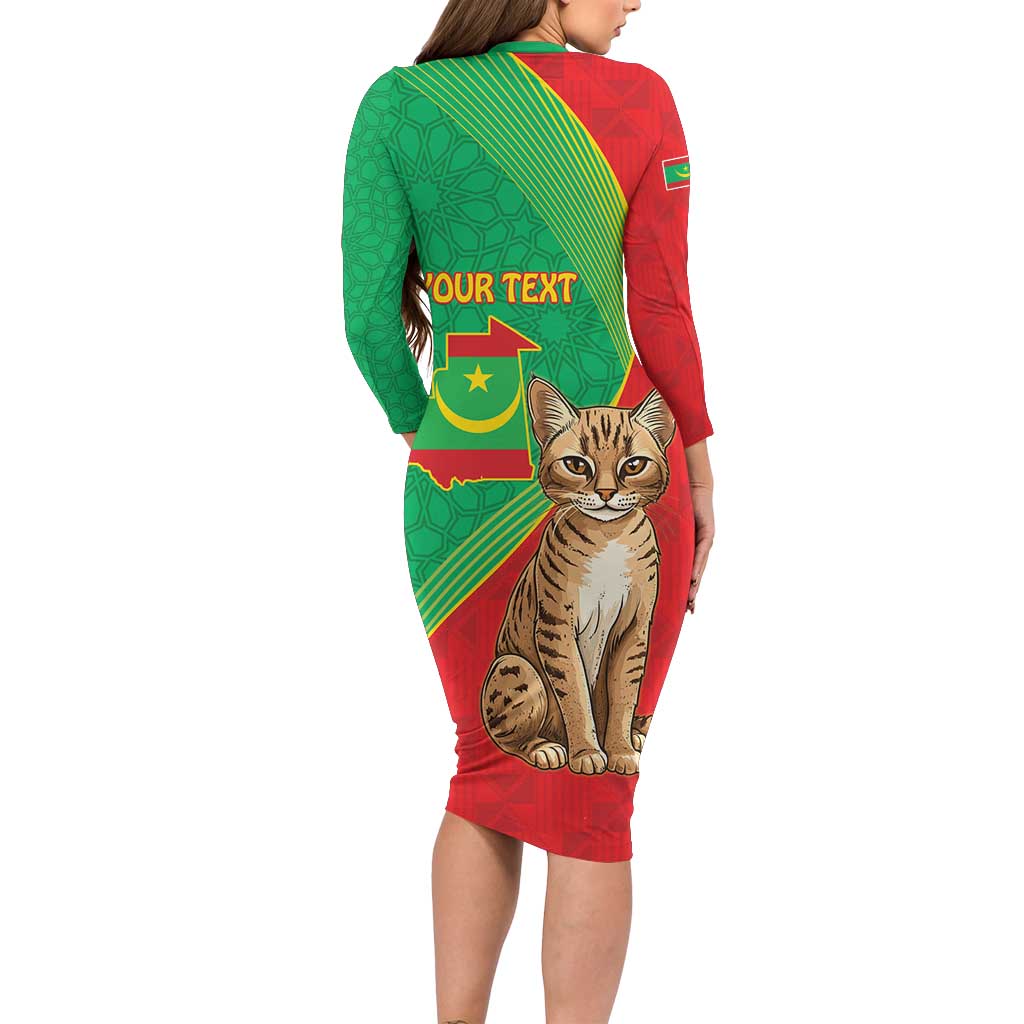 Personalised Mauritania Long Sleeve Bodycon Dress African Wild Cat With Coat Of Arms - Wonder Print Shop