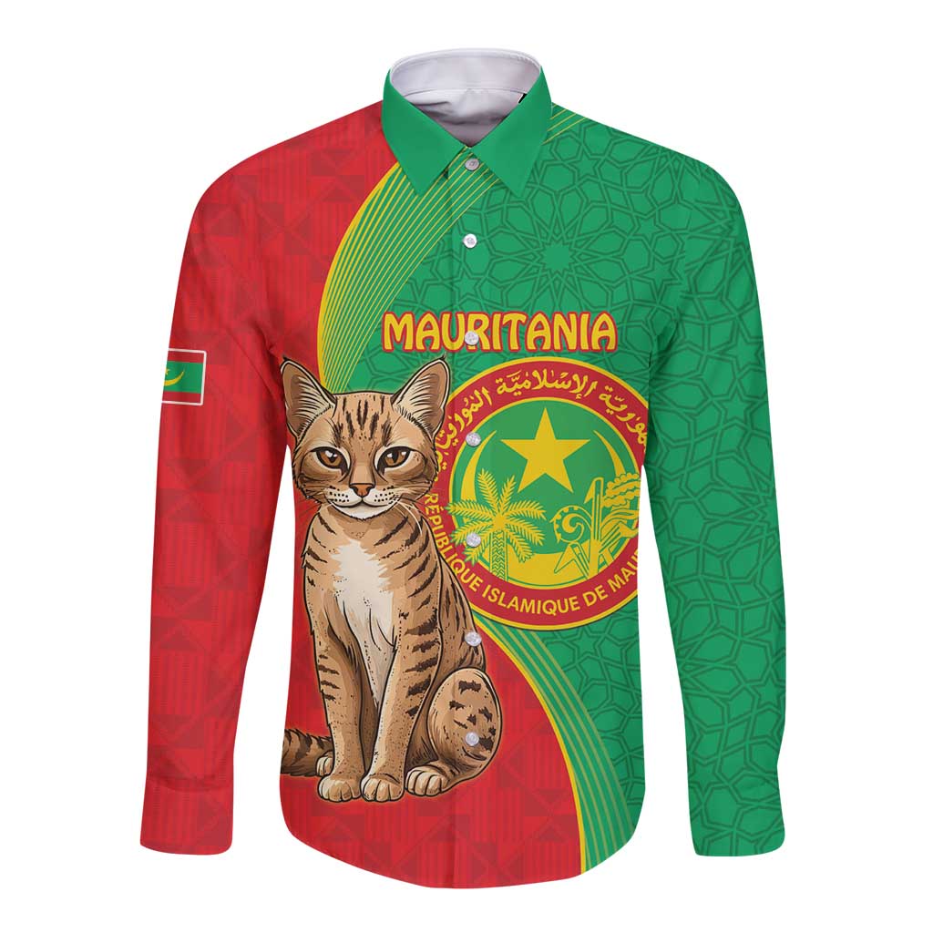 Personalised Mauritania Long Sleeve Button Shirt African Wild Cat With Coat Of Arms