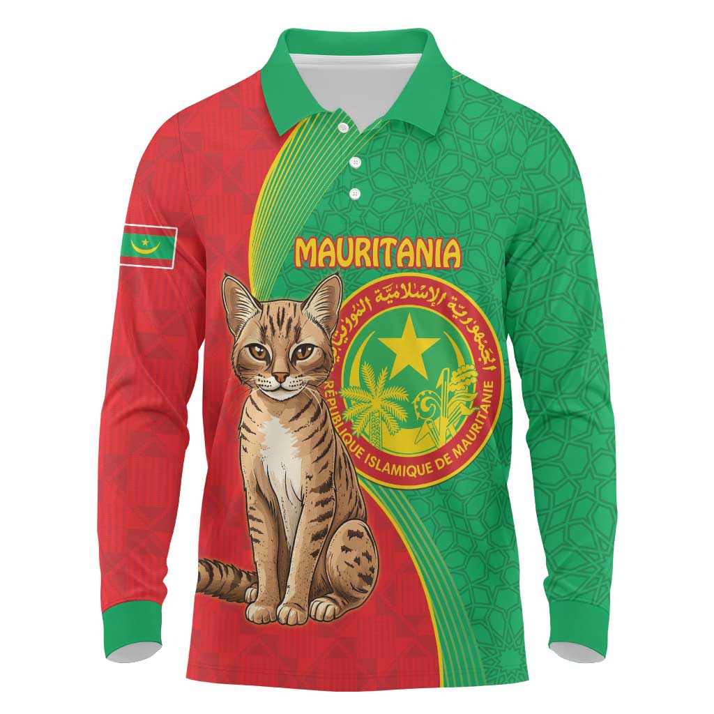 Personalised Mauritania Long Sleeve Polo Shirt African Wild Cat With Coat Of Arms - Wonder Print Shop