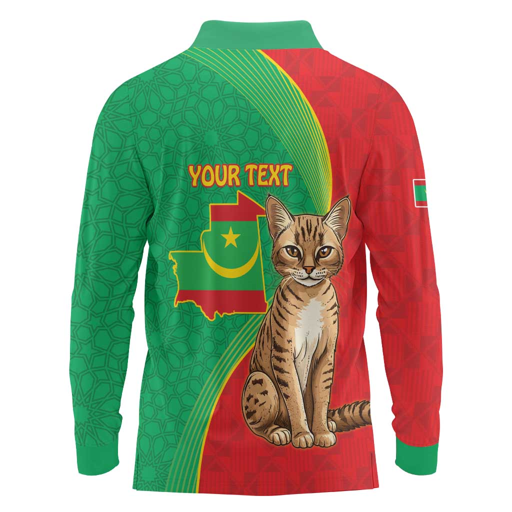 Personalised Mauritania Long Sleeve Polo Shirt African Wild Cat With Coat Of Arms - Wonder Print Shop