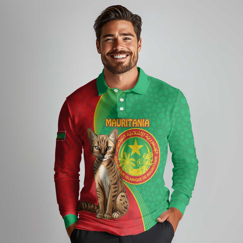 Personalised Mauritania Long Sleeve Polo Shirt African Wild Cat With Coat Of Arms - Wonder Print Shop