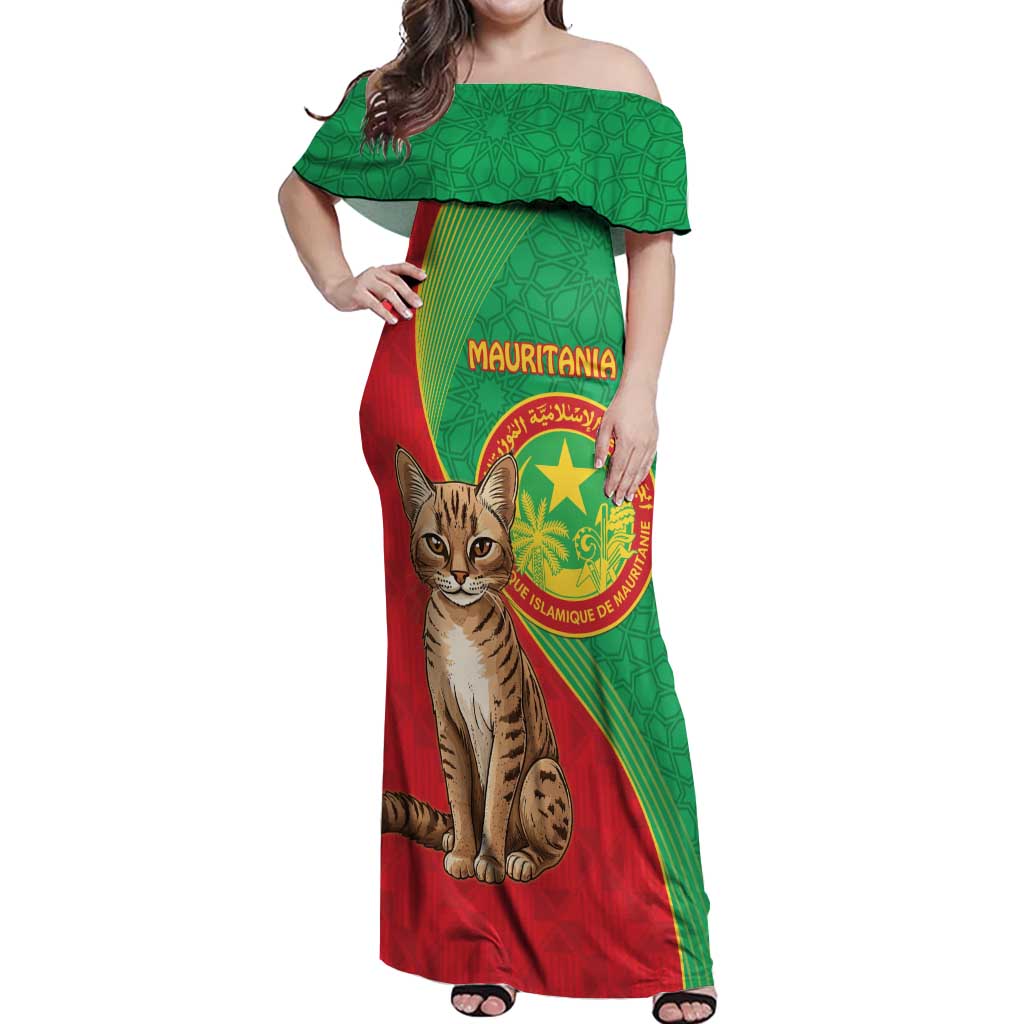 Personalised Mauritania Off Shoulder Maxi Dress African Wild Cat With Coat Of Arms - Wonder Print Shop