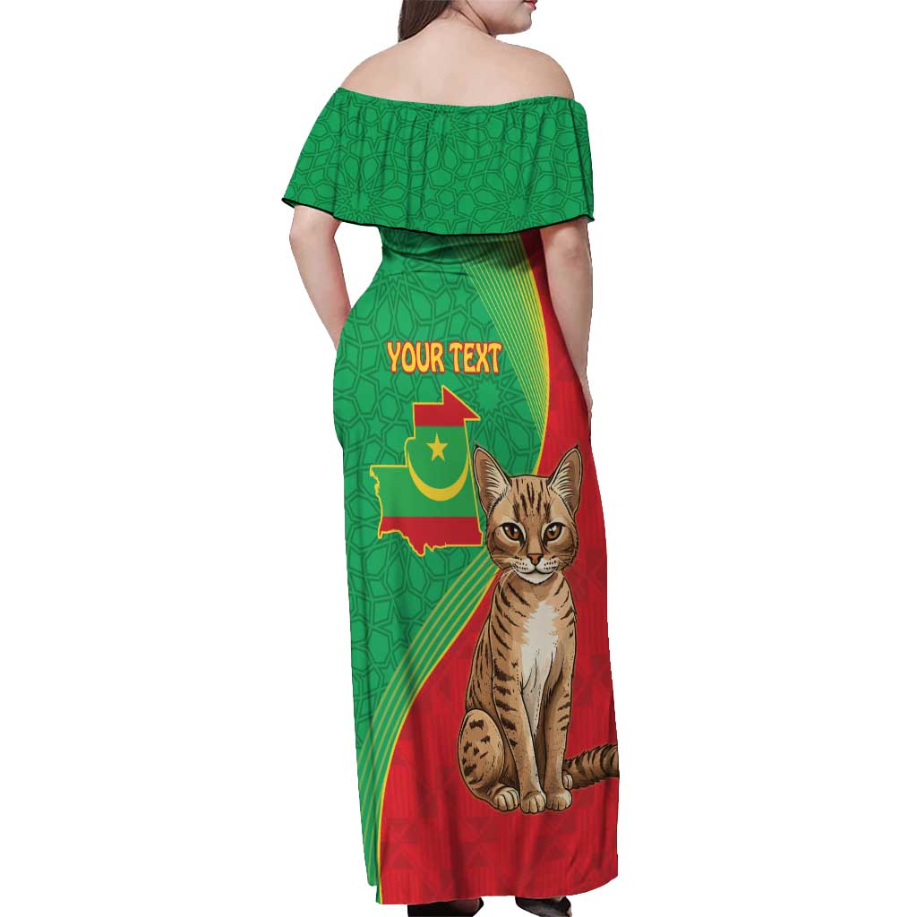 Personalised Mauritania Off Shoulder Maxi Dress African Wild Cat With Coat Of Arms - Wonder Print Shop