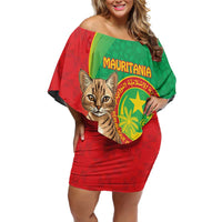 Personalised Mauritania Off Shoulder Short Dress African Wild Cat With Coat Of Arms - Wonder Print Shop