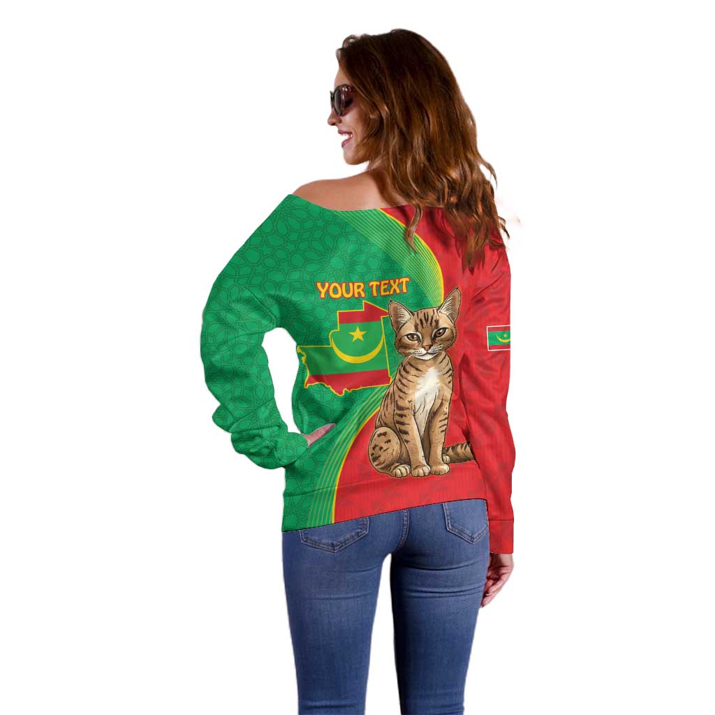 Personalised Mauritania Off Shoulder Sweater African Wild Cat With Coat Of Arms - Wonder Print Shop