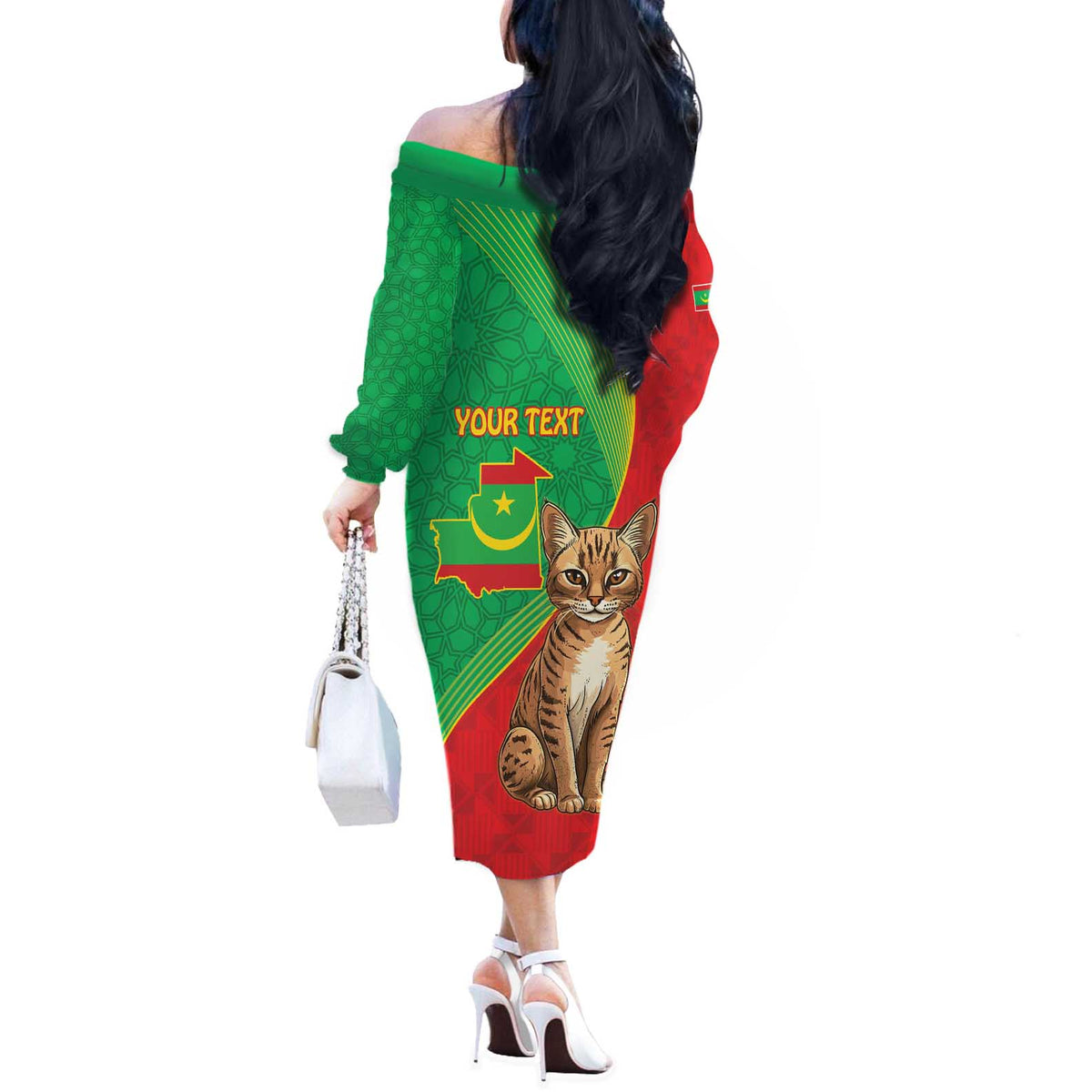 Personalised Mauritania Off The Shoulder Long Sleeve Dress African Wild Cat With Coat Of Arms - Wonder Print Shop