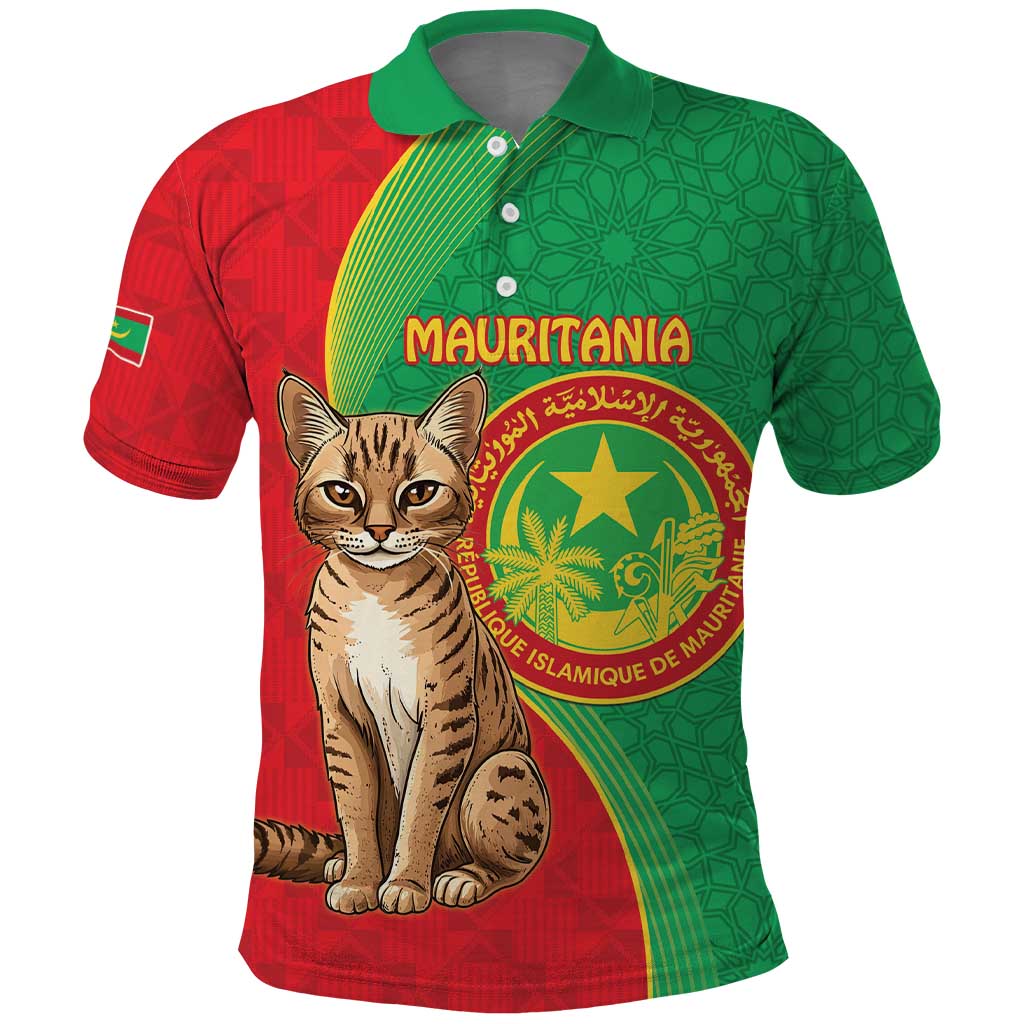Personalised Mauritania Polo Shirt African Wild Cat With Coat Of Arms - Wonder Print Shop