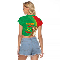 Personalised Mauritania Raglan Cropped T Shirt African Wild Cat With Coat Of Arms - Wonder Print Shop