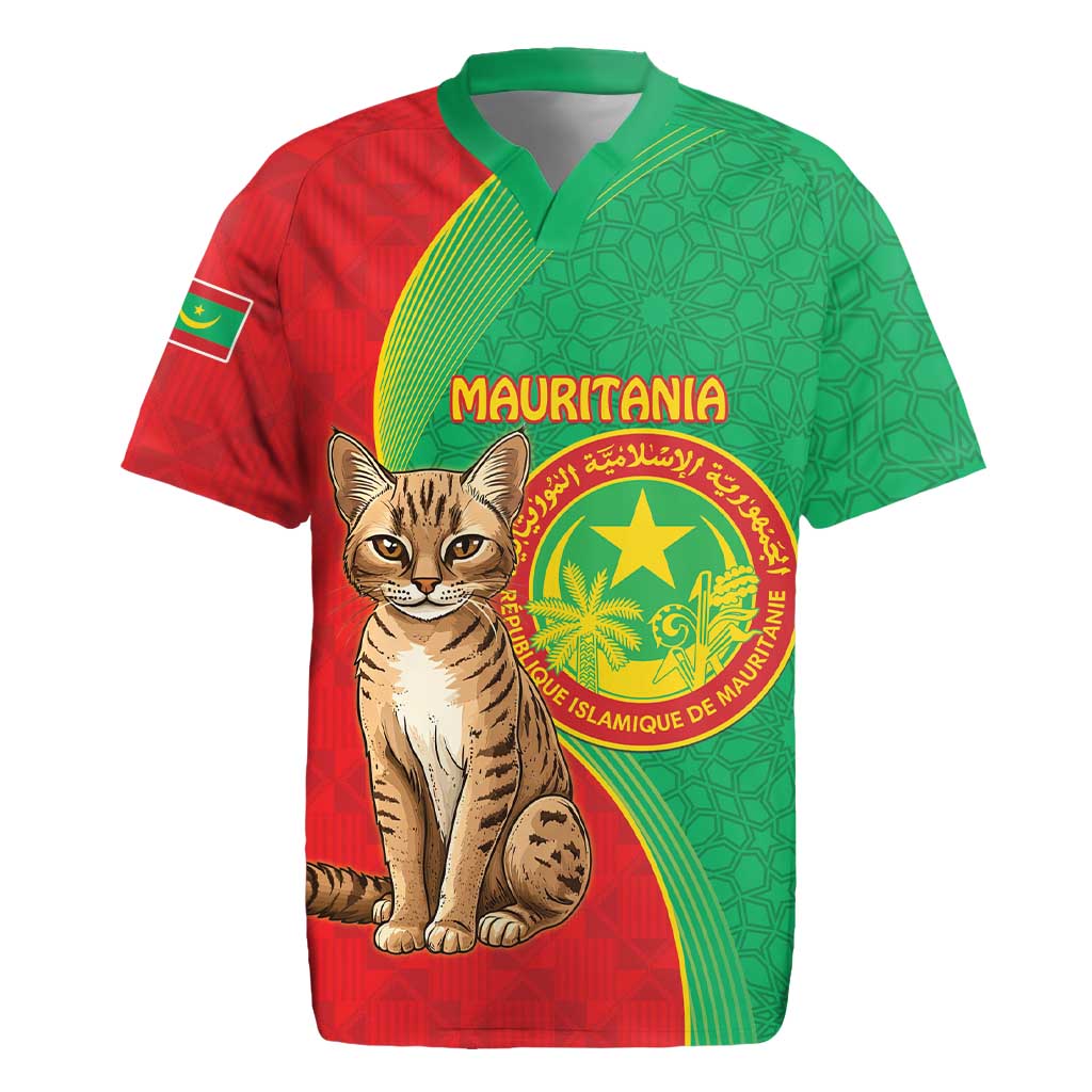 Personalised Mauritania Rugby Jersey African Wild Cat With Coat Of Arms - Wonder Print Shop