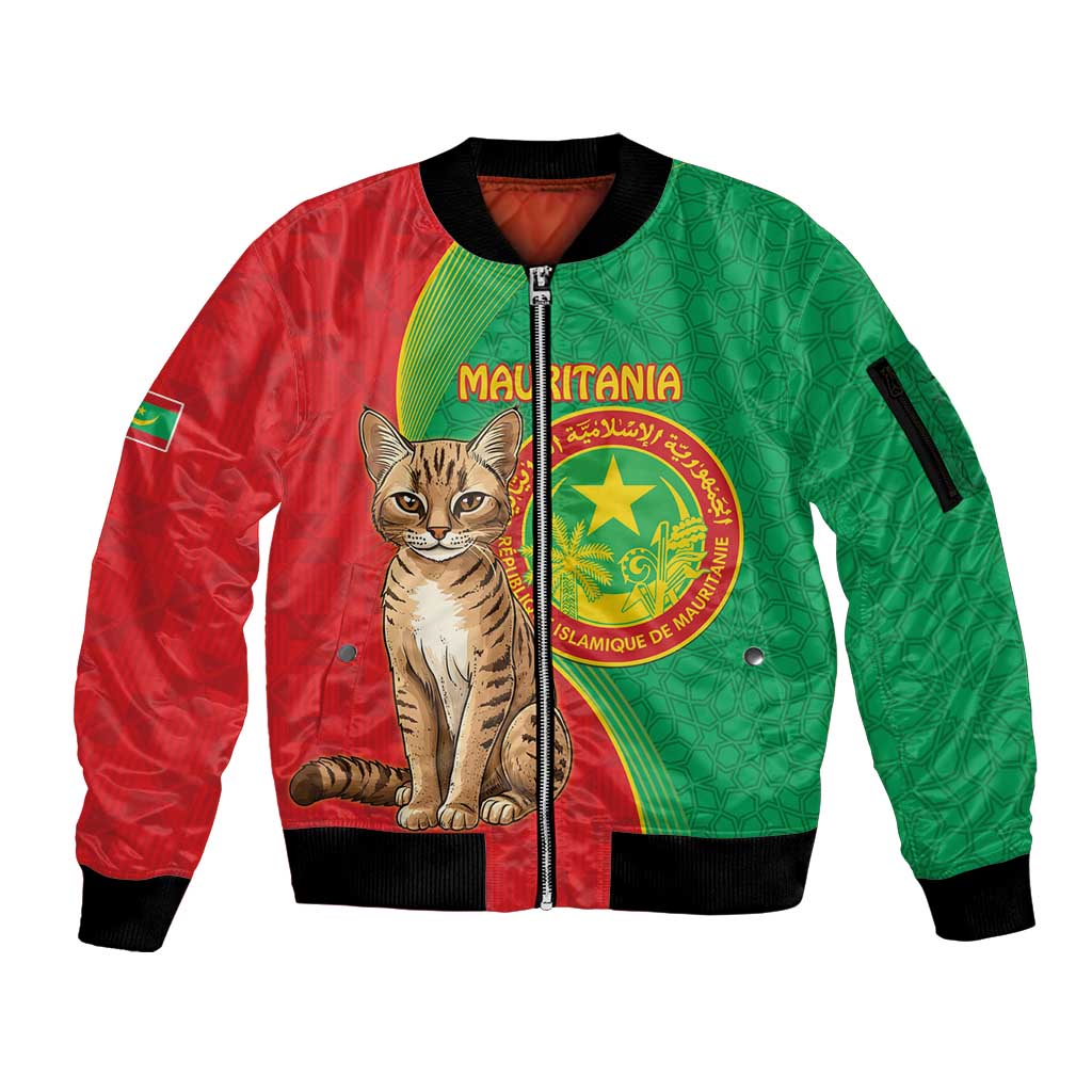 Personalised Mauritania Sleeve Zip Bomber Jacket African Wild Cat With Coat Of Arms - Wonder Print Shop