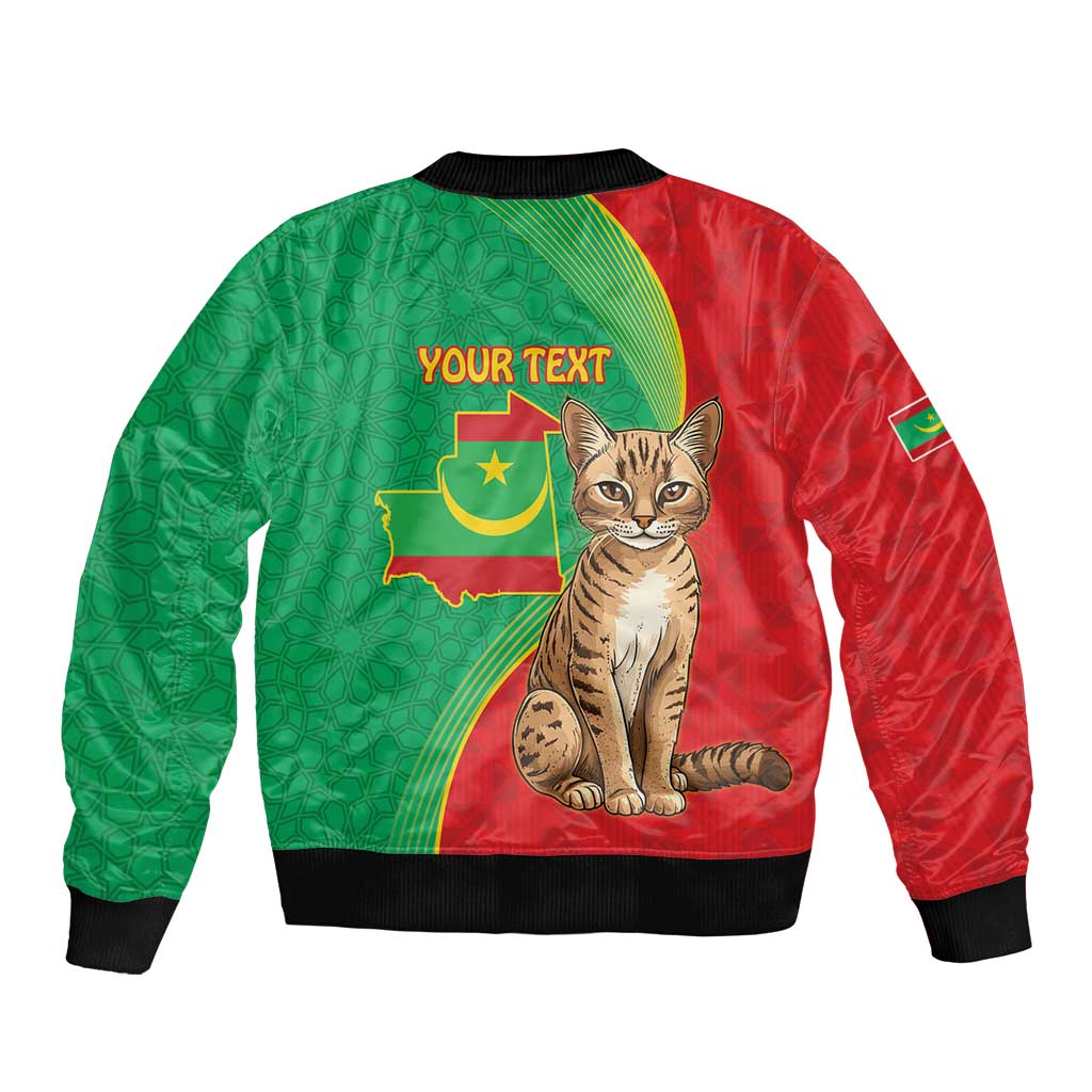 Personalised Mauritania Sleeve Zip Bomber Jacket African Wild Cat With Coat Of Arms - Wonder Print Shop