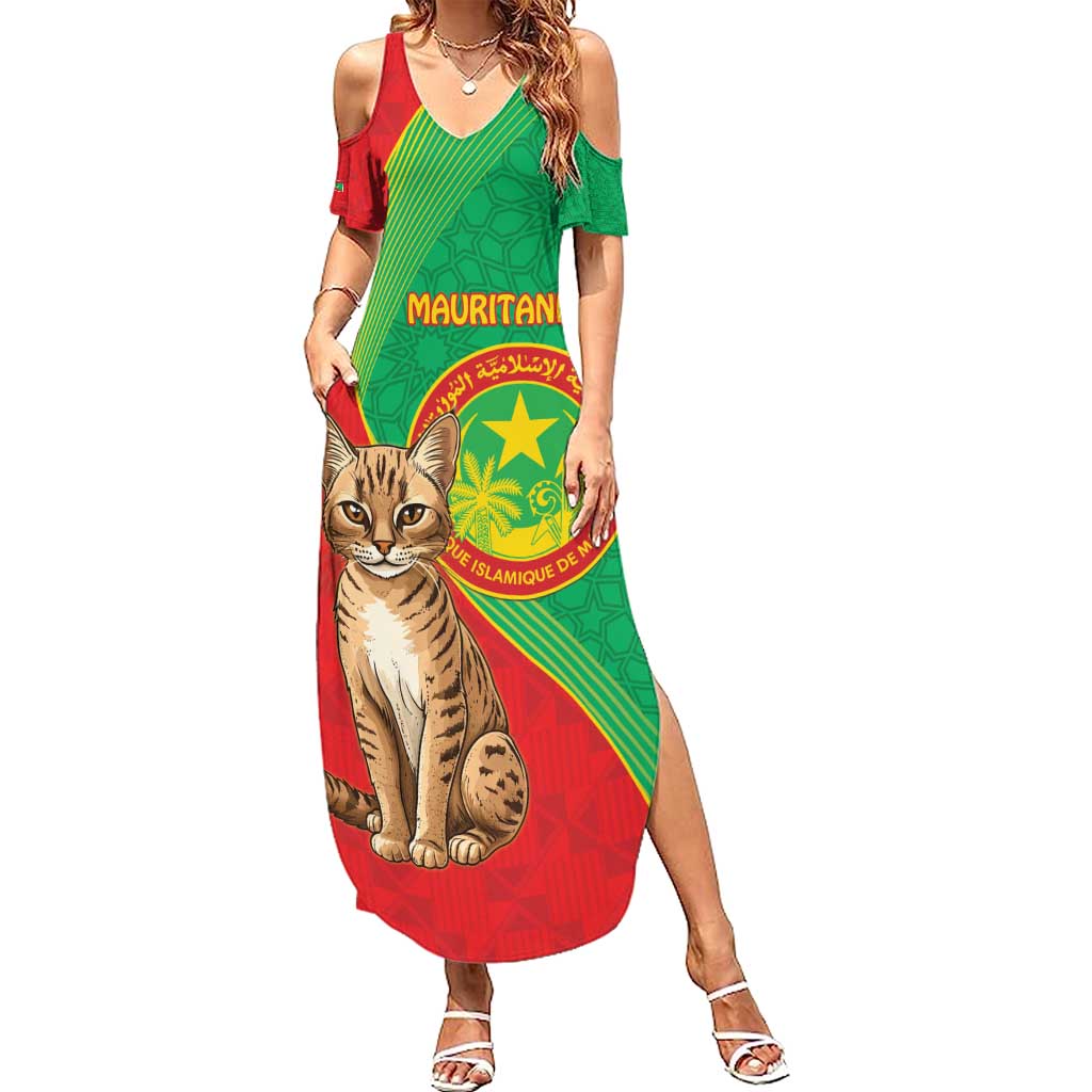 Personalised Mauritania Summer Maxi Dress African Wild Cat With Coat Of Arms - Wonder Print Shop
