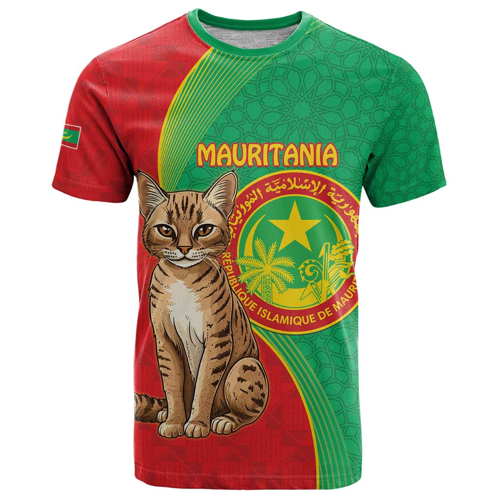 Personalised Mauritania T Shirt African Wild Cat With Coat Of Arms - Wonder Print Shop