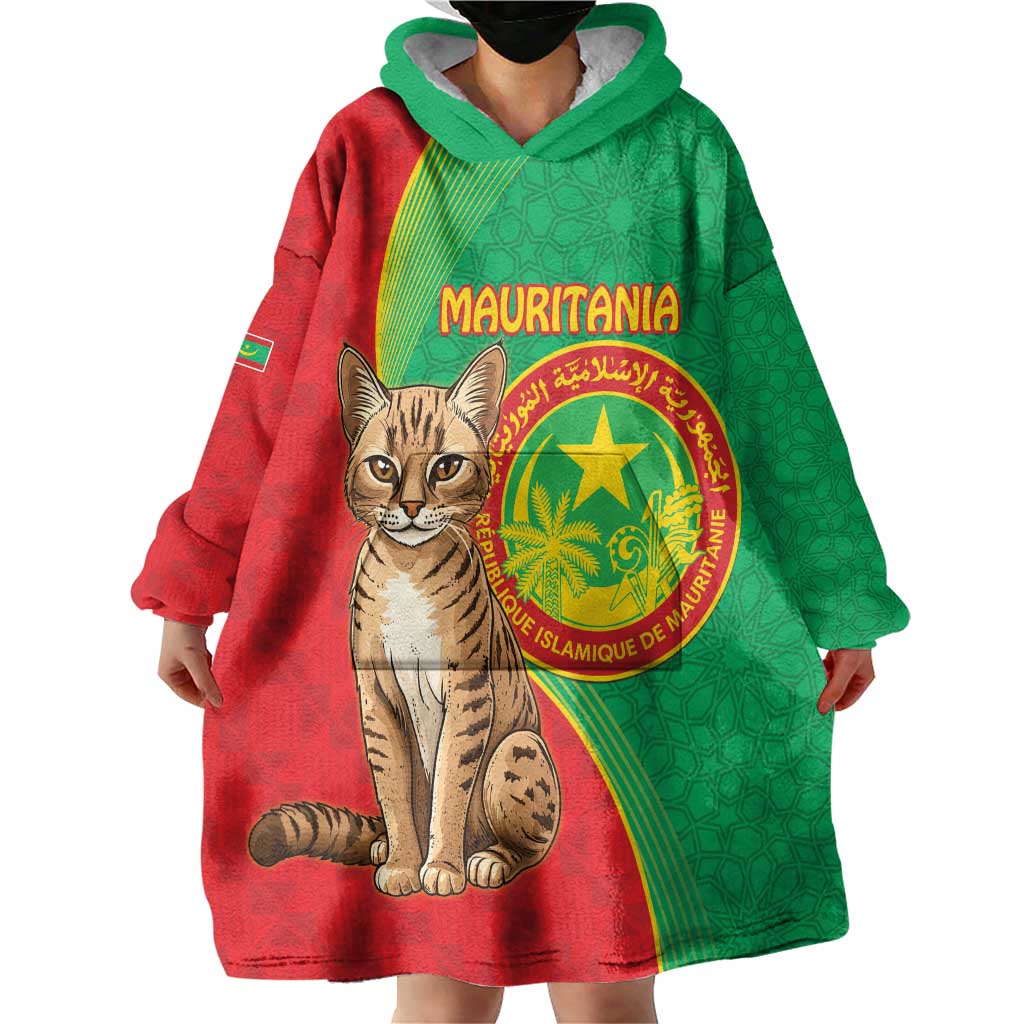 Personalised Mauritania Wearable Blanket Hoodie African Wild Cat With Coat Of Arms - Wonder Print Shop