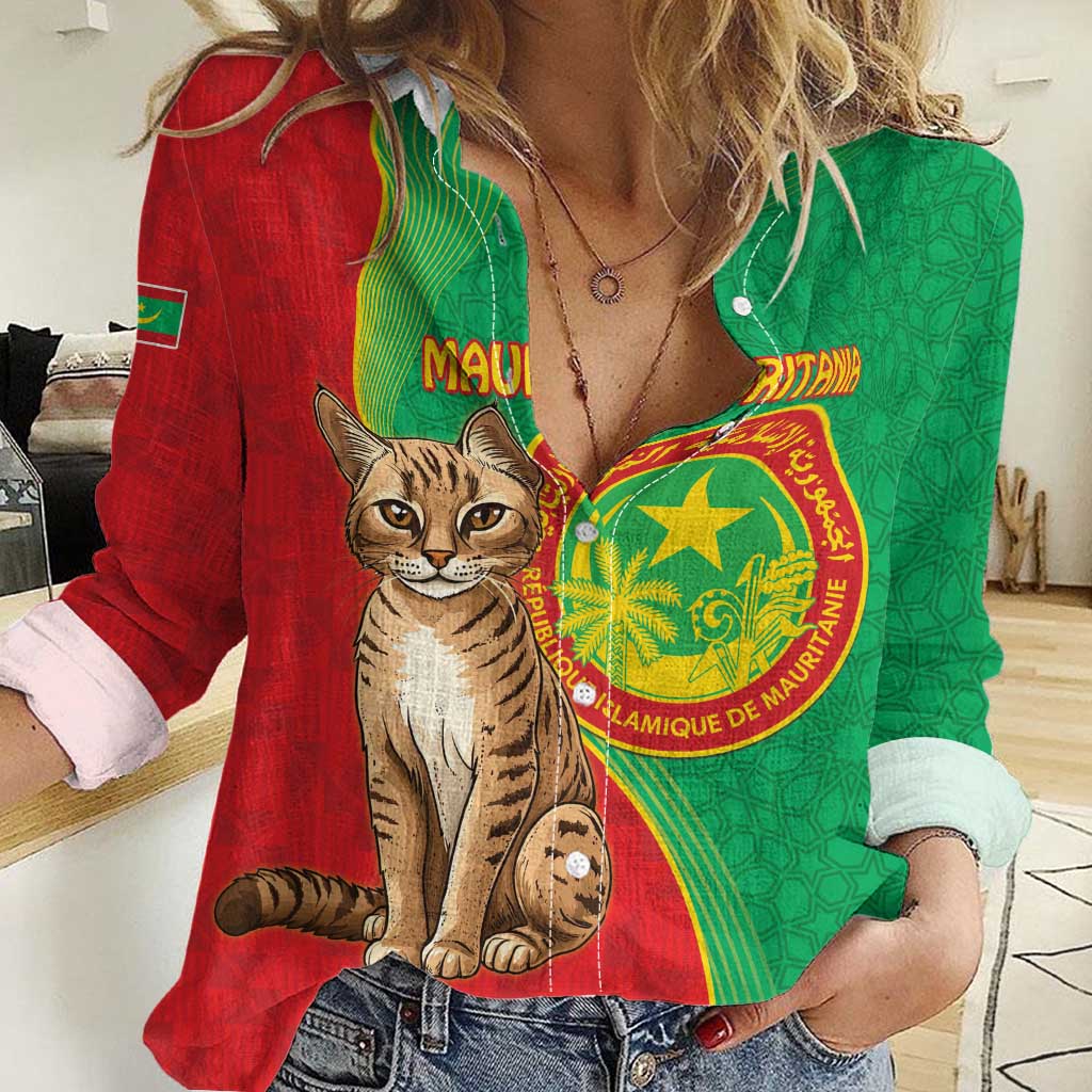 Personalised Mauritania Women Casual Shirt African Wild Cat With Coat Of Arms - Wonder Print Shop