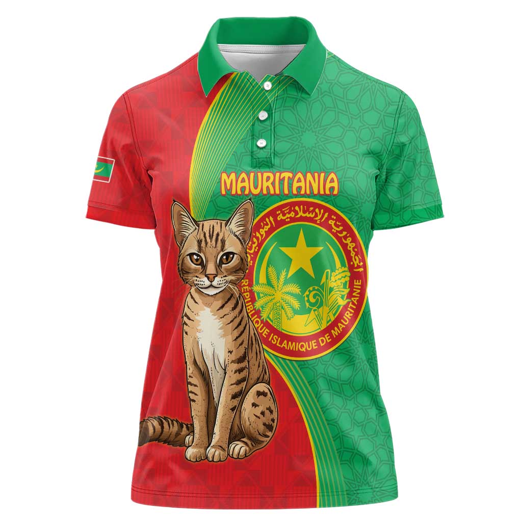 Personalised Mauritania Women Polo Shirt African Wild Cat With Coat Of Arms - Wonder Print Shop