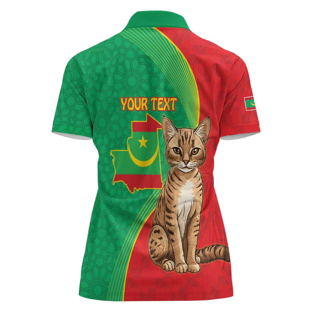 Personalised Mauritania Women Polo Shirt African Wild Cat With Coat Of Arms - Wonder Print Shop