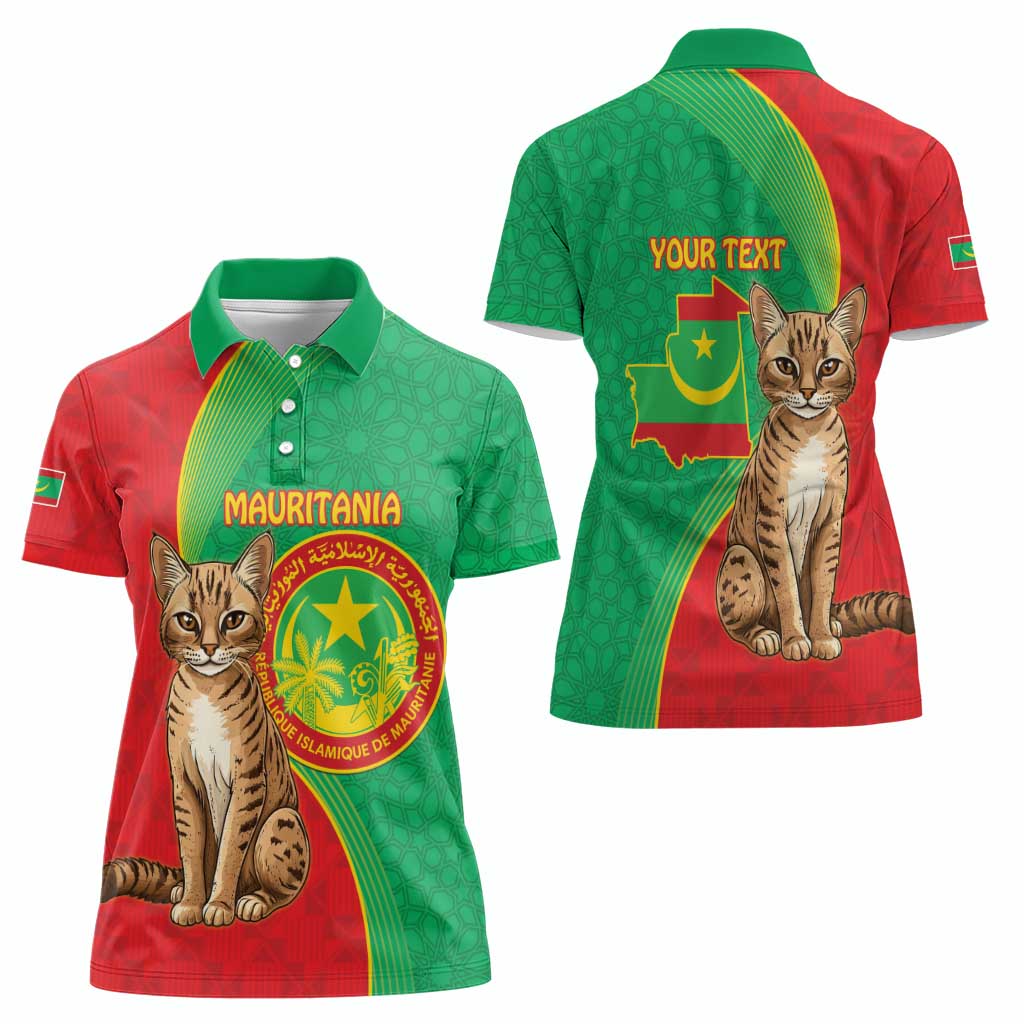 Personalised Mauritania Women Polo Shirt African Wild Cat With Coat Of Arms - Wonder Print Shop