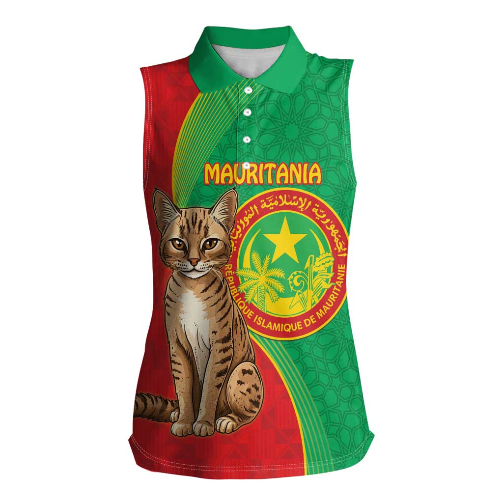 Personalised Mauritania Women Sleeveless Polo Shirt African Wild Cat With Coat Of Arms - Wonder Print Shop