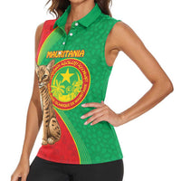 Personalised Mauritania Women Sleeveless Polo Shirt African Wild Cat With Coat Of Arms - Wonder Print Shop