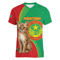 Personalised Mauritania Women V-Neck T-Shirt African Wild Cat With Coat Of Arms - Wonder Print Shop