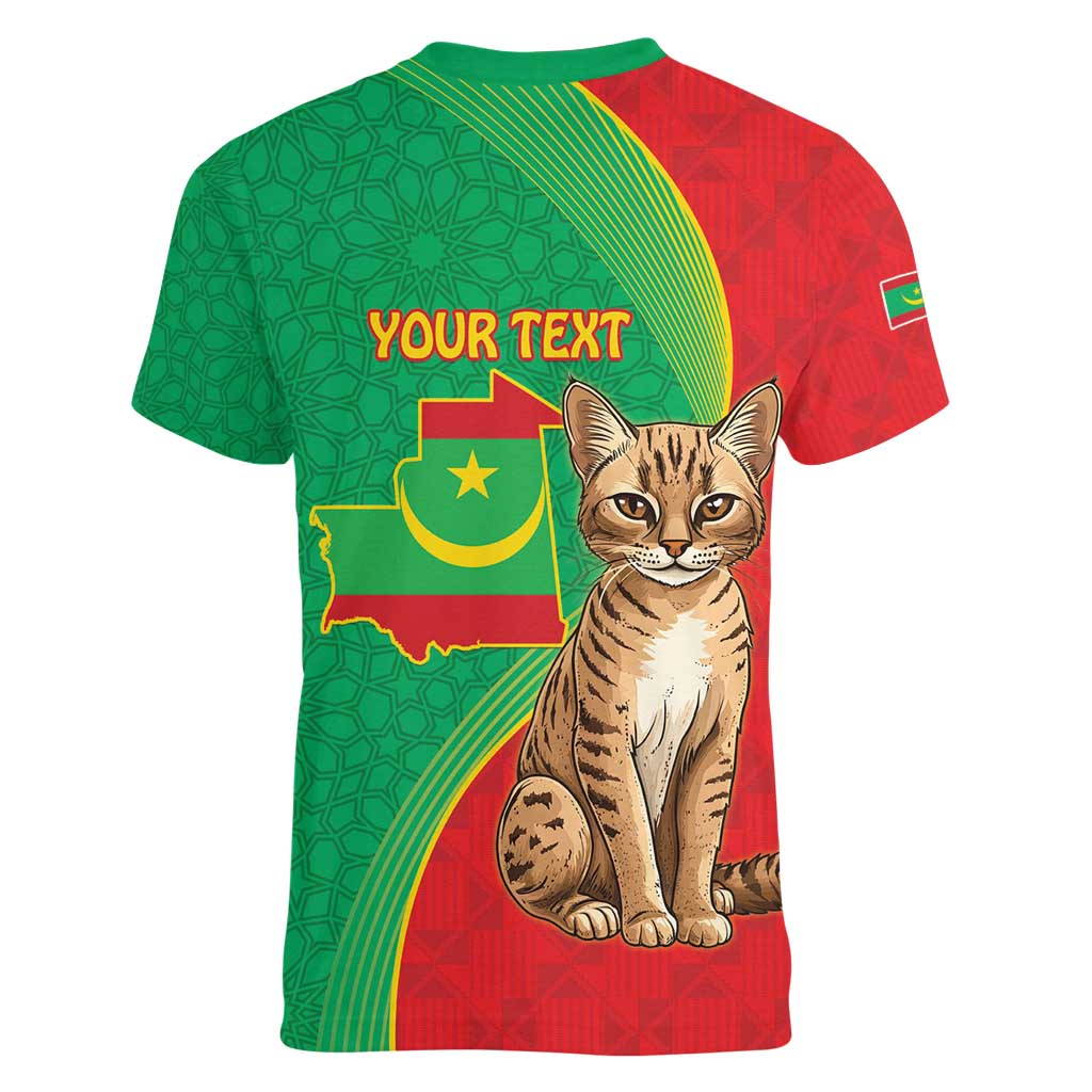 Personalised Mauritania Women V-Neck T-Shirt African Wild Cat With Coat Of Arms - Wonder Print Shop