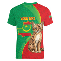 Personalised Mauritania Women V-Neck T-Shirt African Wild Cat With Coat Of Arms - Wonder Print Shop