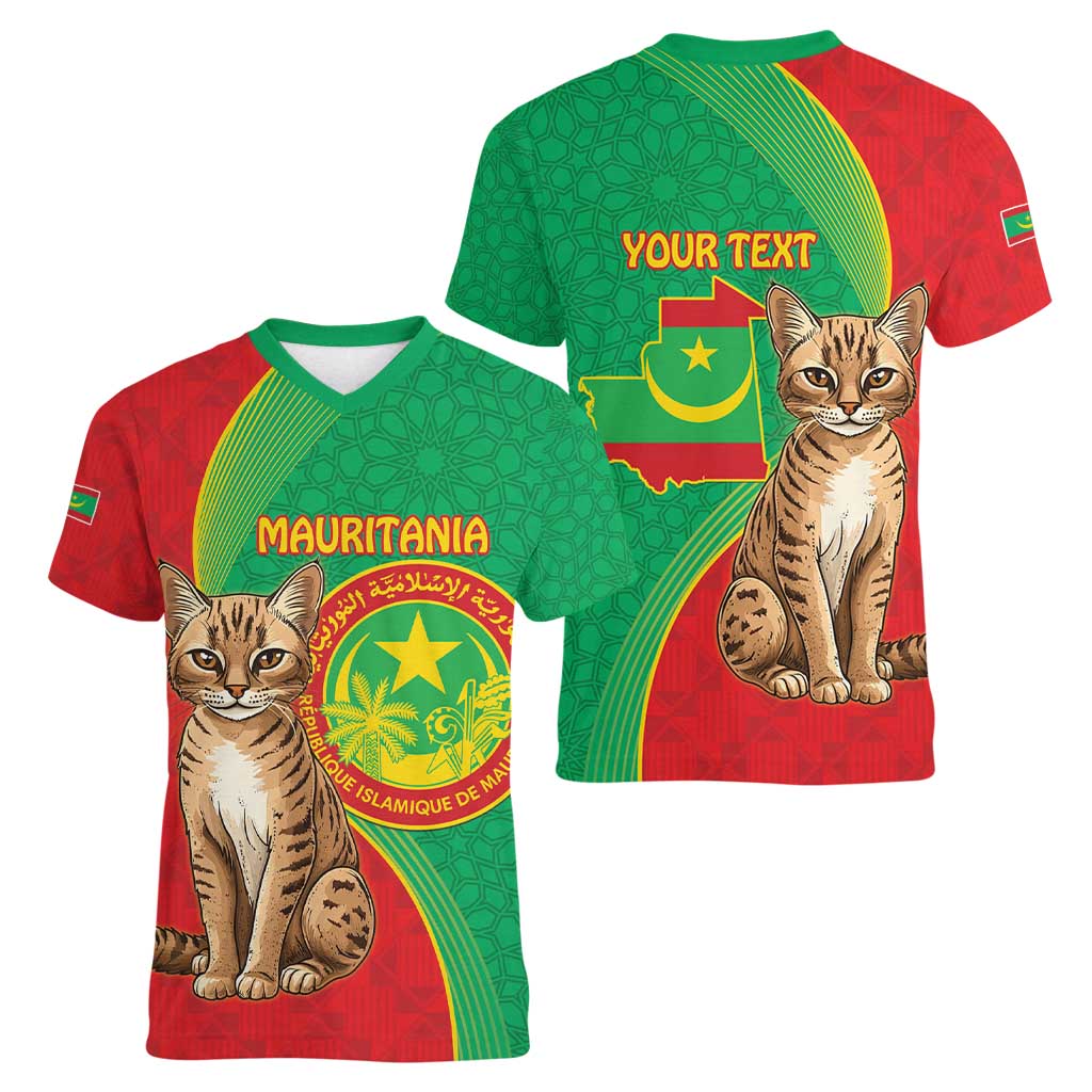 Personalised Mauritania Women V-Neck T-Shirt African Wild Cat With Coat Of Arms - Wonder Print Shop