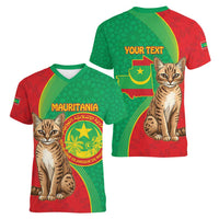 Personalised Mauritania Women V-Neck T-Shirt African Wild Cat With Coat Of Arms - Wonder Print Shop