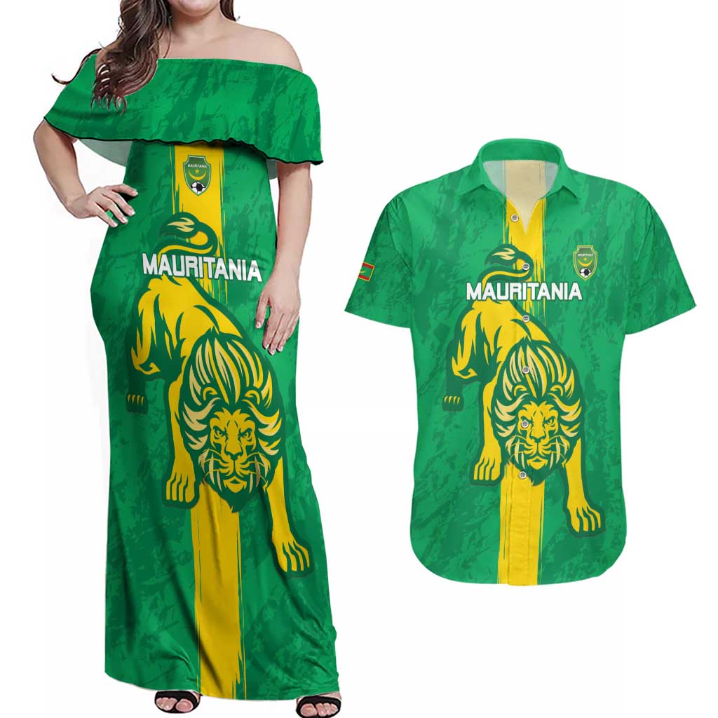 Custom Mauritania Football Couples Matching Off Shoulder Maxi Dress and Hawaiian Shirt Go Al-Murabitun