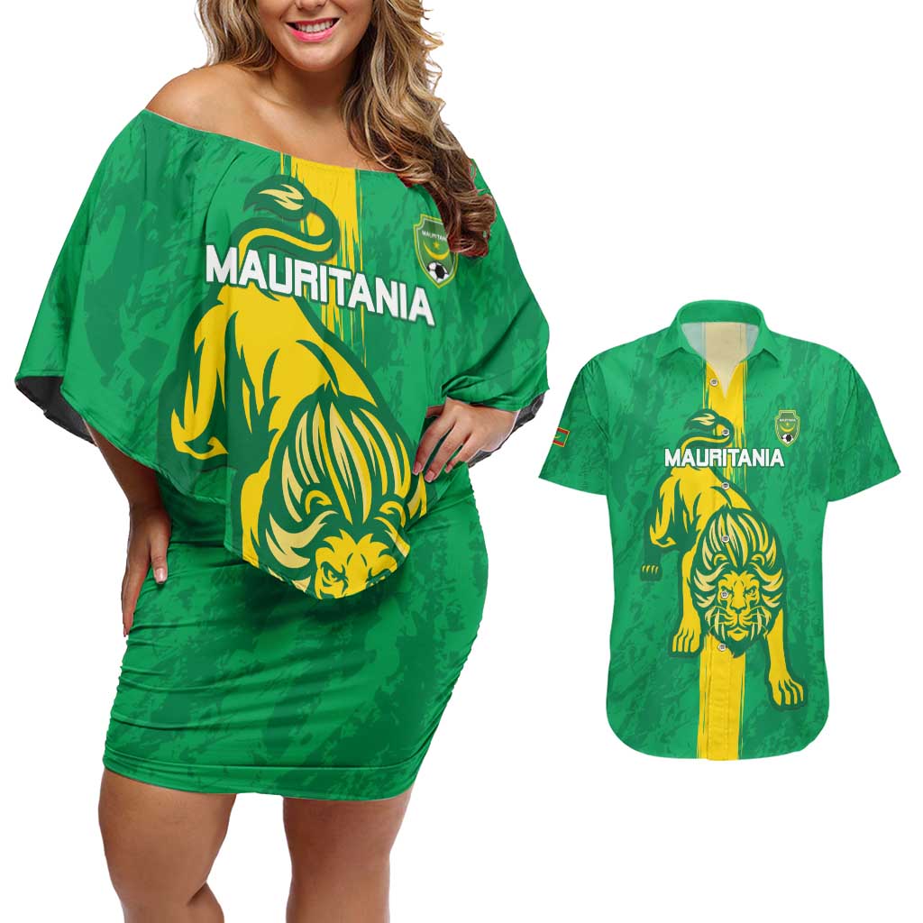 Custom Mauritania Football Couples Matching Off Shoulder Short Dress and Hawaiian Shirt Go Al-Murabitun