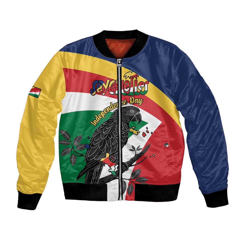 Personalized Seychelles Independence Day Bomber Jacket Coat Of Arms Black Parrot