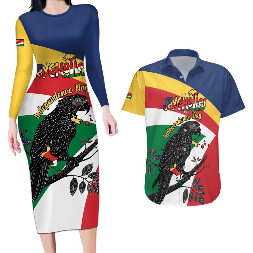 Personalized Seychelles Independence Day Couples Matching Long Sleeve Bodycon Dress and Hawaiian Shirt Coat Of Arms Black Parrot