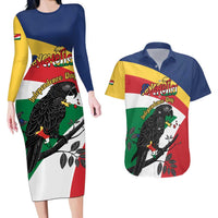 Personalized Seychelles Independence Day Couples Matching Long Sleeve Bodycon Dress and Hawaiian Shirt Coat Of Arms Black Parrot