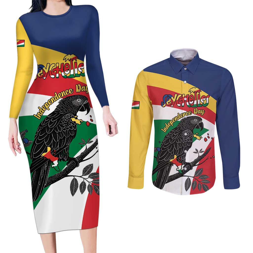 Personalized Seychelles Independence Day Couples Matching Long Sleeve Bodycon Dress and Long Sleeve Button Shirt Coat Of Arms Black Parrot