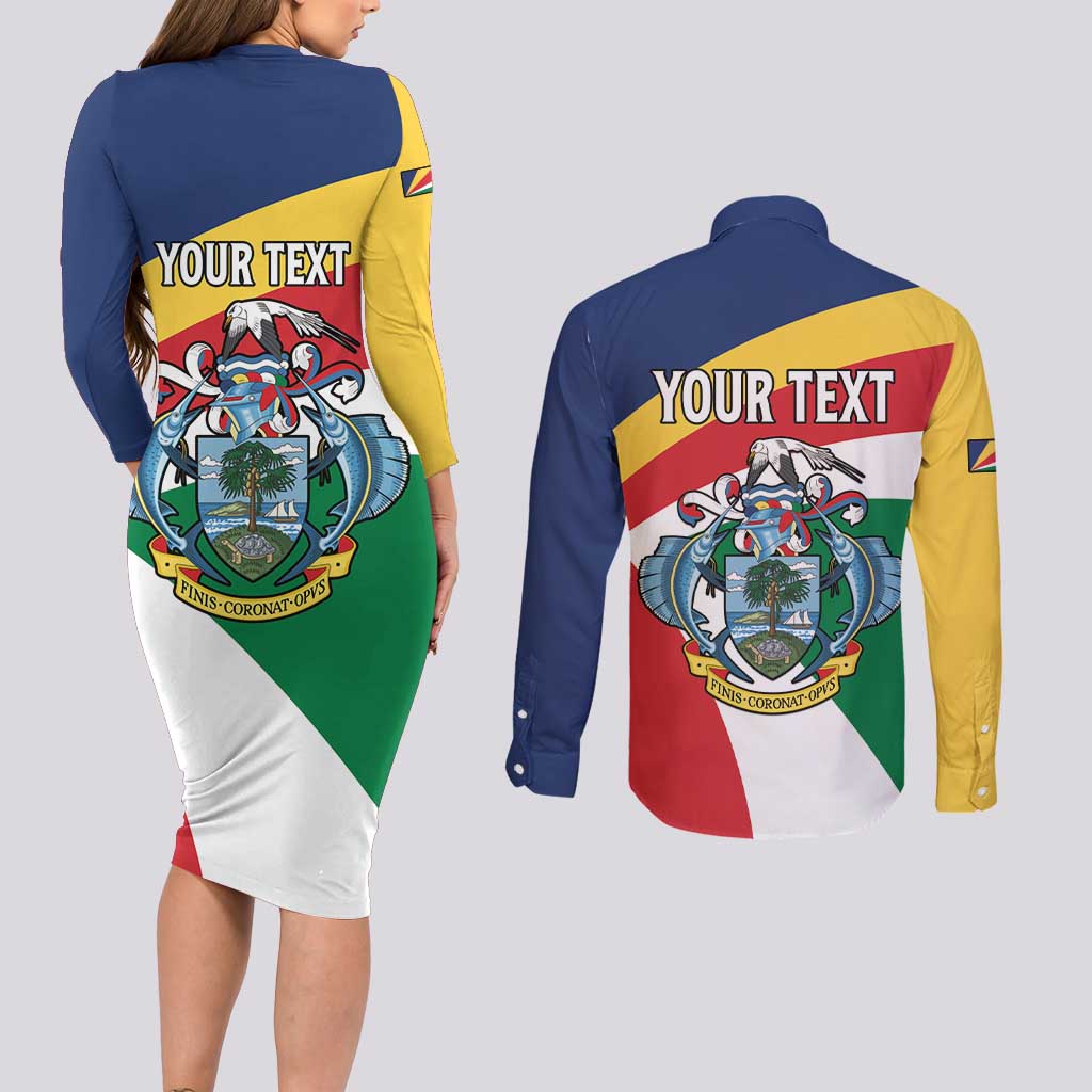 Personalized Seychelles Independence Day Couples Matching Long Sleeve Bodycon Dress and Long Sleeve Button Shirt Coat Of Arms Black Parrot