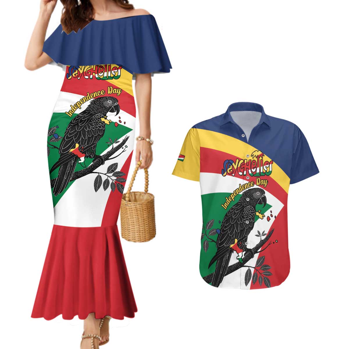 Personalized Seychelles Independence Day Couples Matching Mermaid Dress and Hawaiian Shirt Coat Of Arms Black Parrot