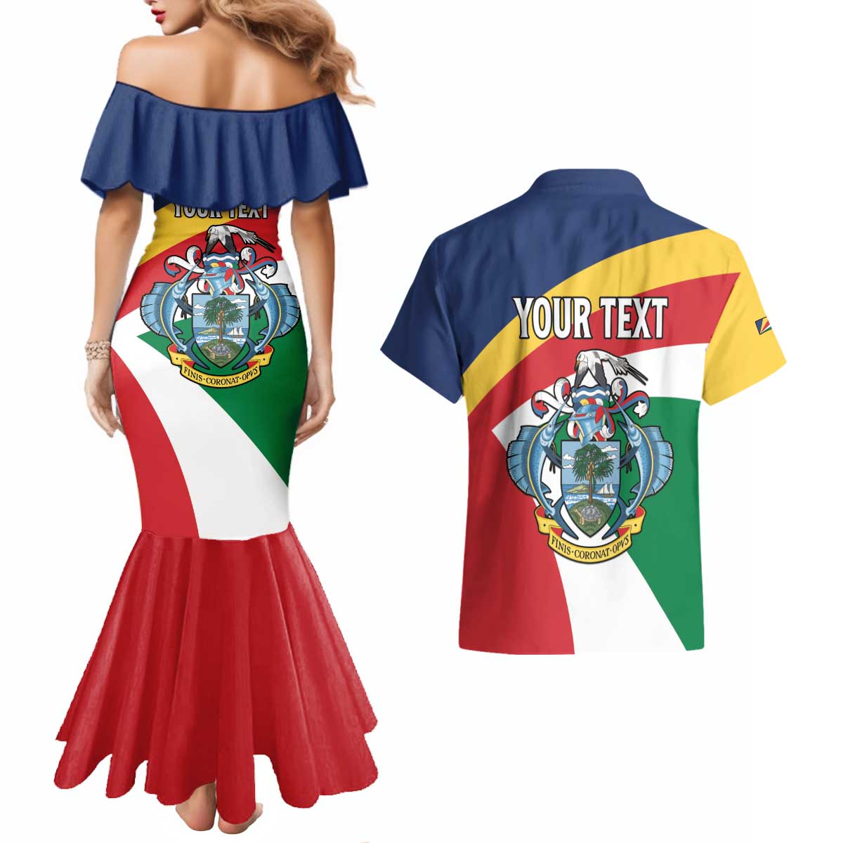 Personalized Seychelles Independence Day Couples Matching Mermaid Dress and Hawaiian Shirt Coat Of Arms Black Parrot