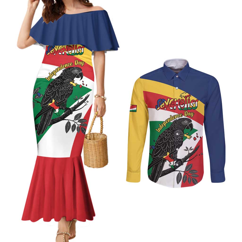 Personalized Seychelles Independence Day Couples Matching Mermaid Dress and Long Sleeve Button Shirt Coat Of Arms Black Parrot
