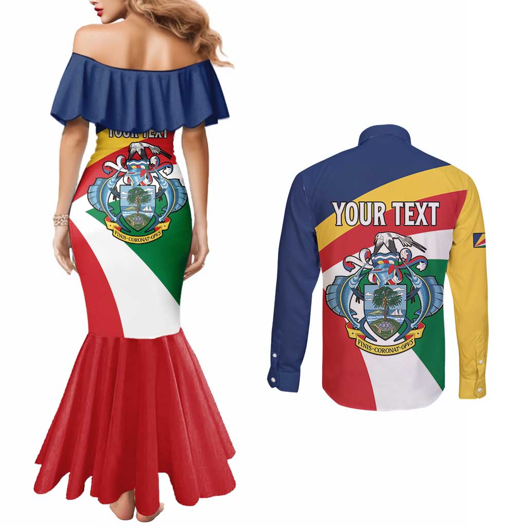 Personalized Seychelles Independence Day Couples Matching Mermaid Dress and Long Sleeve Button Shirt Coat Of Arms Black Parrot